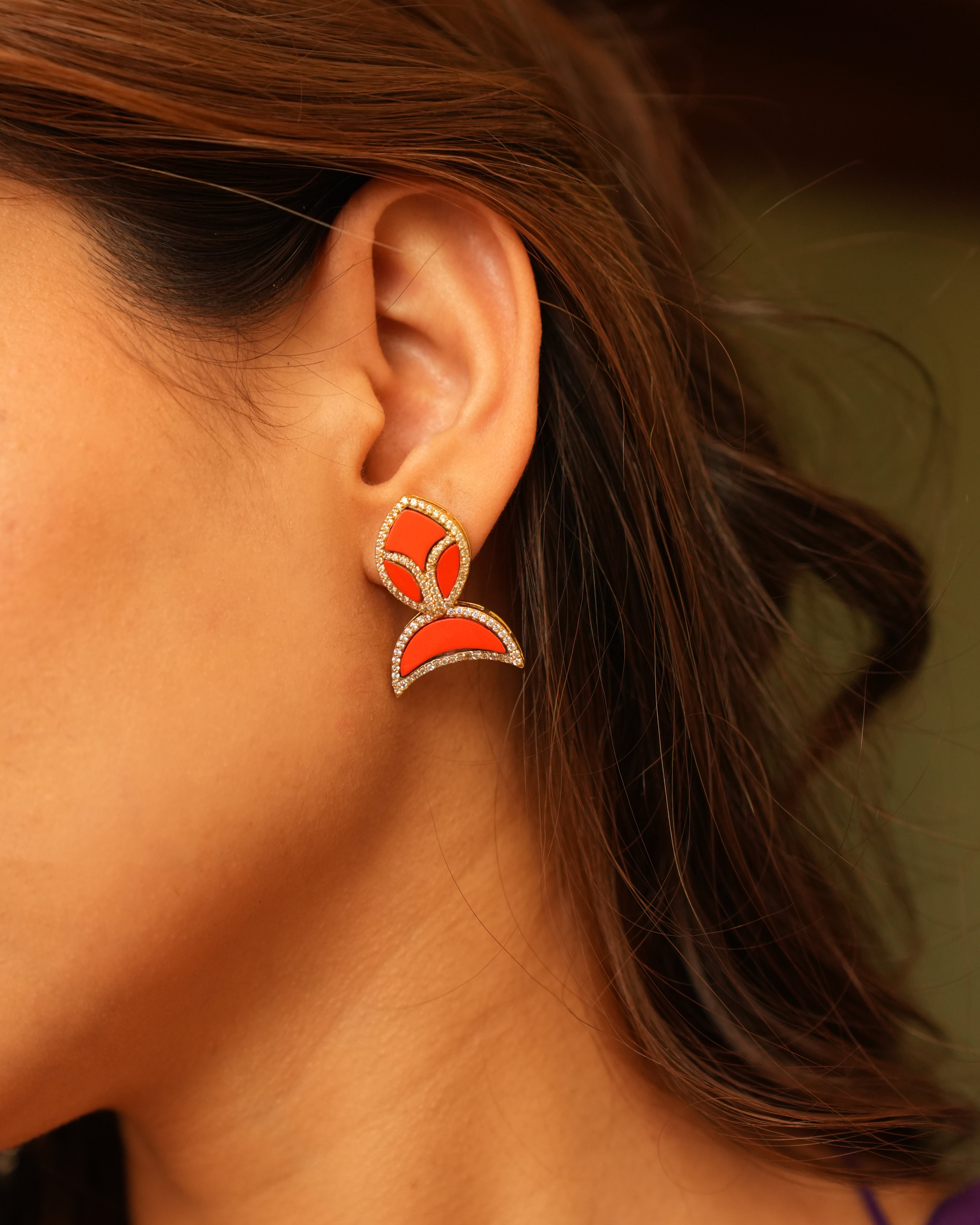 Aesthetic Red Stone Studs with Diamond